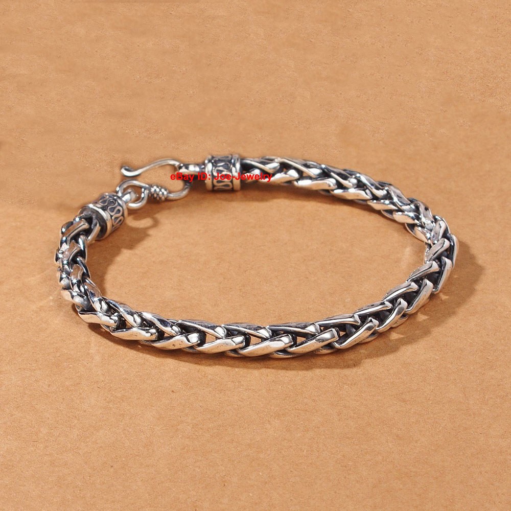 Real 925 Sterling Silver 8mm Round Wheat Link Men’s Bracelet 7.87-8.66inch