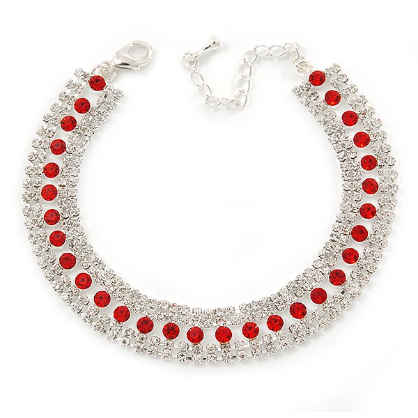 Clear/ Red Austrian Crystal Bracelet In Rhodium Plating – 18cm L/ 5cm Ext