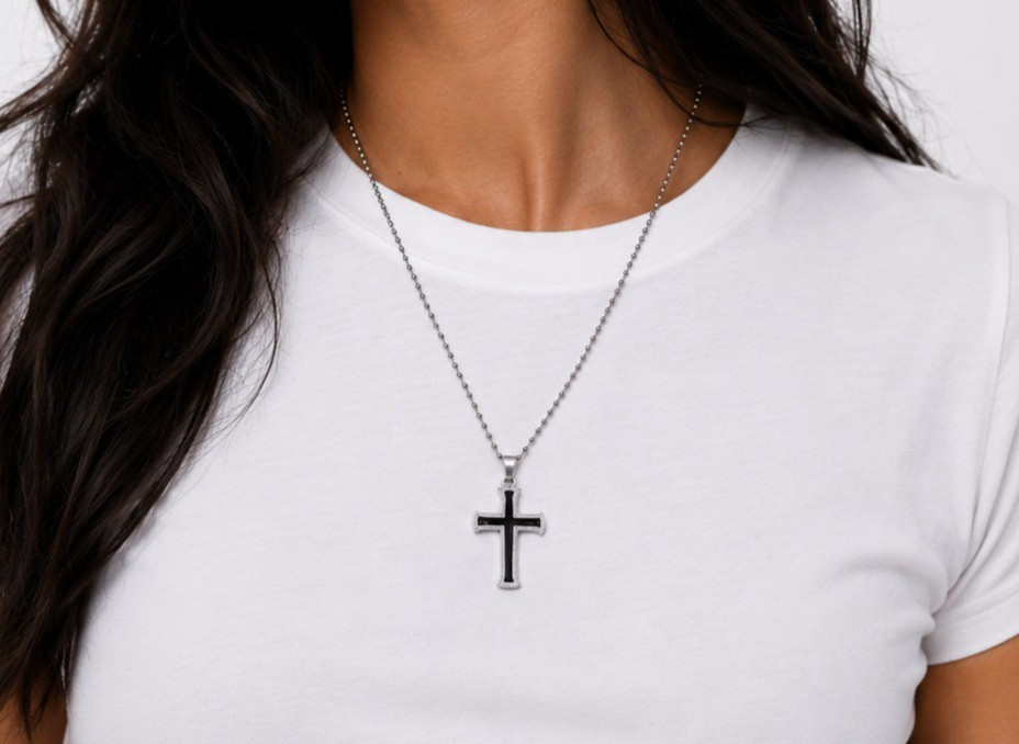 Mens Womens Silver Black Layer Cross Pendant Necklace Stainless Steel Chain 24″