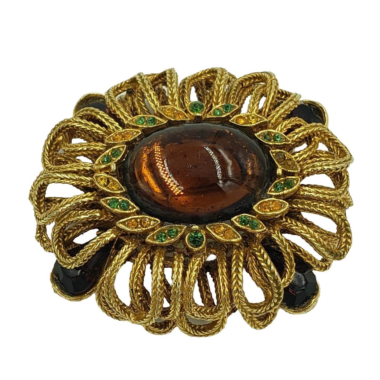 CAPRI Brooch Amber Cabochon Rhinestone Gold Tone Loop Signed Vintage
