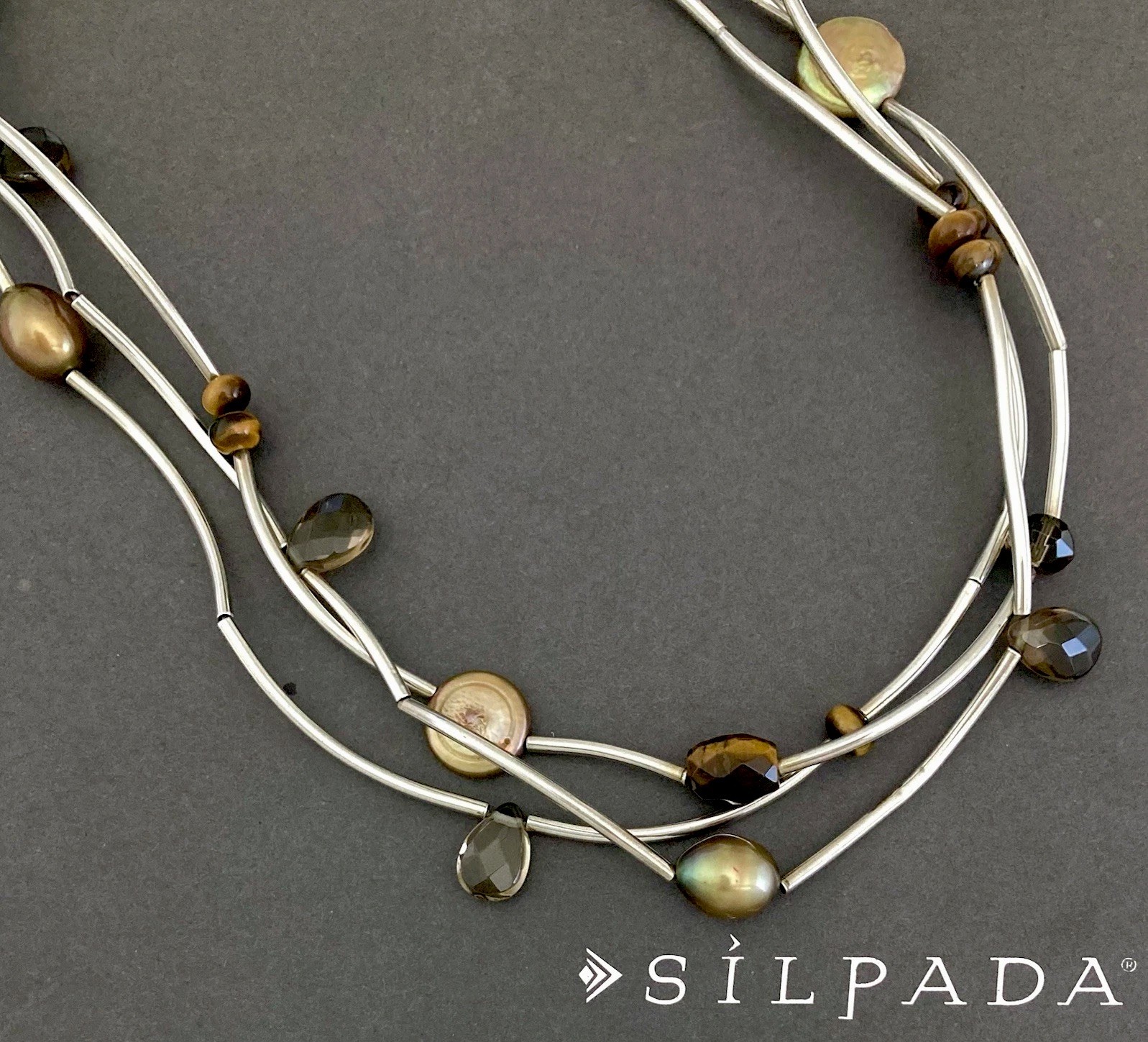 SILPADA Sterling Silver TUBE BEAD-PEARL-SMOKY QUARTZ-TIGER’S EYE Necklace~#N2264