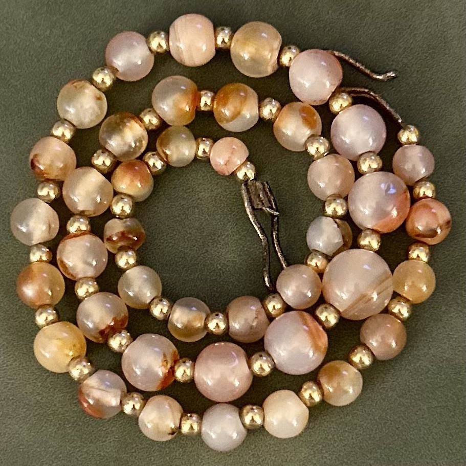 Cherry Blossom Agate Hand Made Beaded Necklace with Gold-Toned Spacers 18”