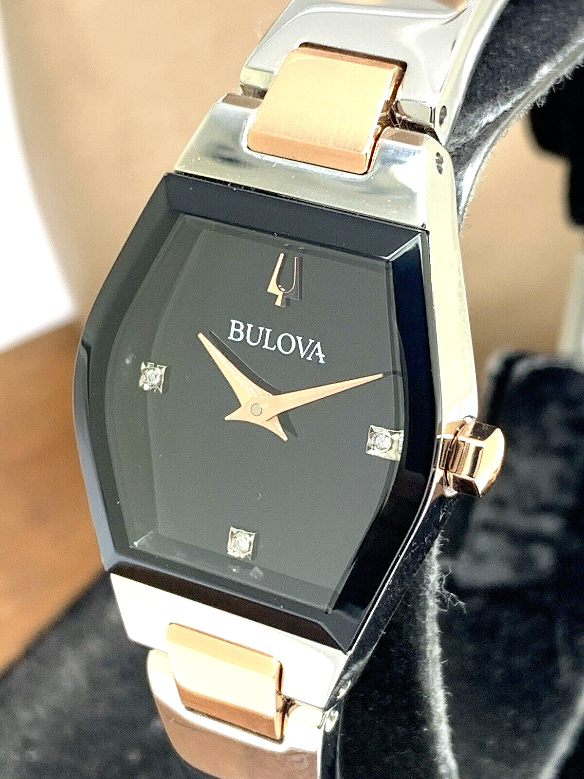 Bulova Womens Watch 98P216 Gemini Diamond Black Dial 2-Tone Quartz Petite 22.5mm