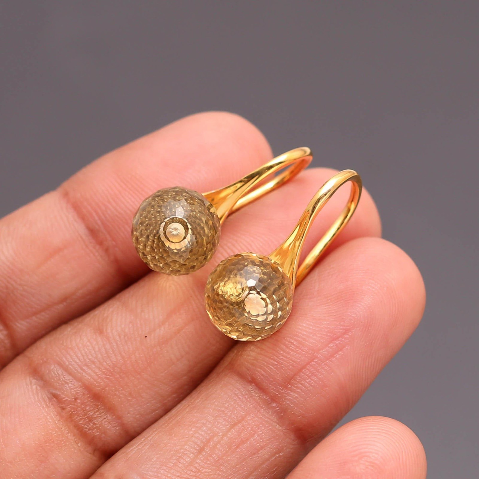 Natural Citrine Quartz Ball Dangle Earring Gold Fill 925 Sterling Silver Jewelry