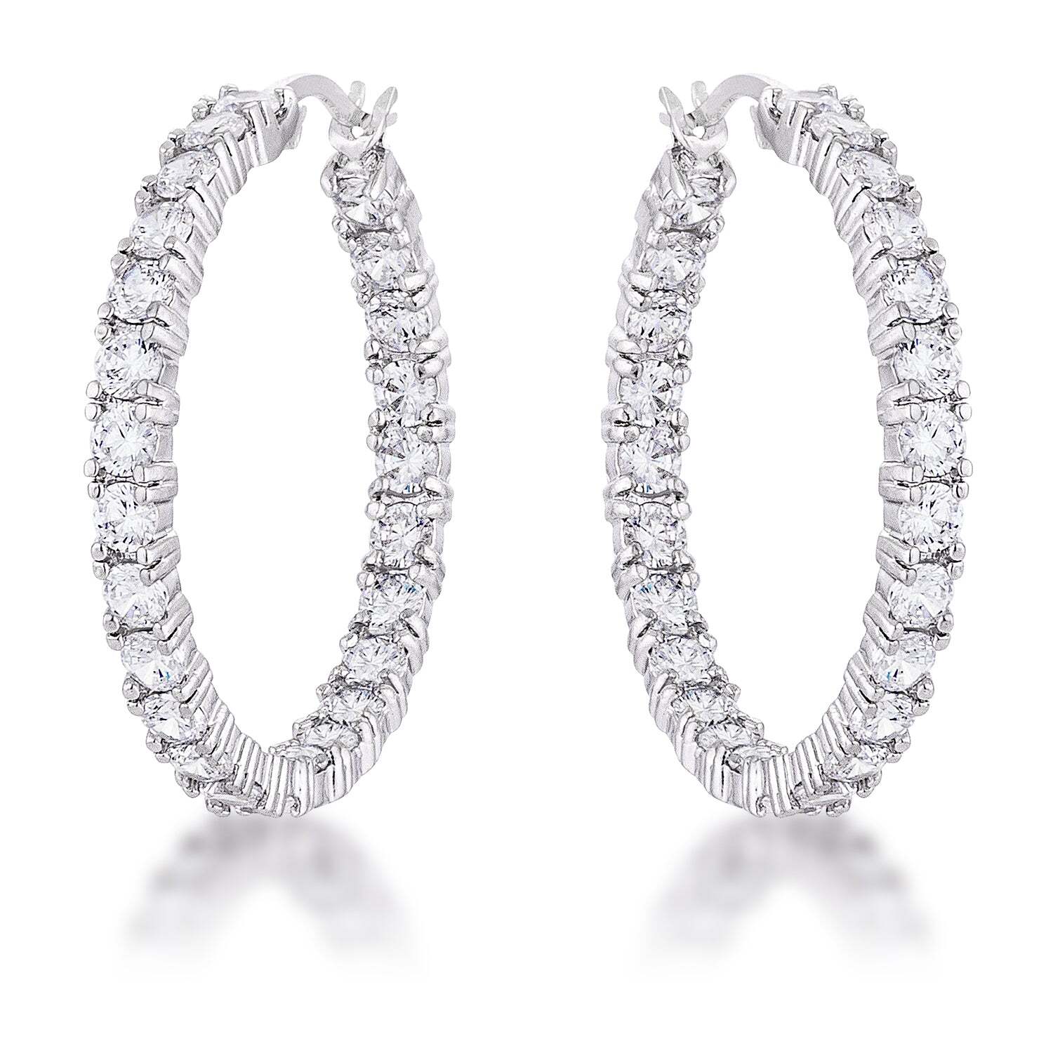 Silvertone Rhodium Plated Brass 33mm Round CZ Inside Out Ladies Hoop Earrings