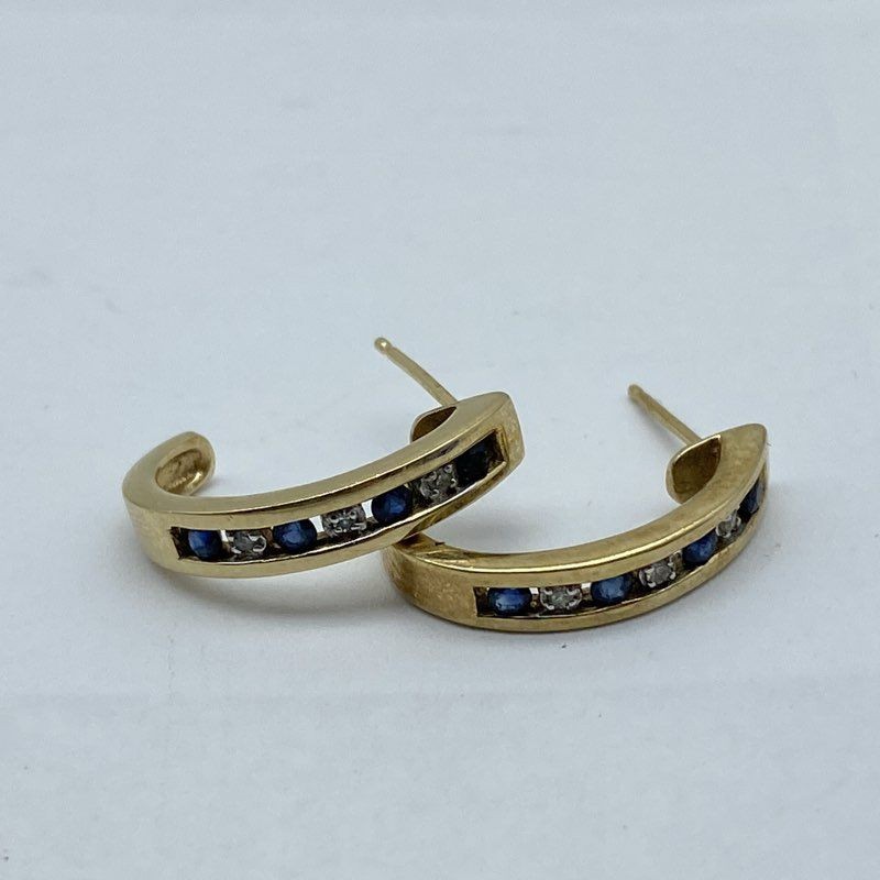 10K Yellow Gold Blue Sapphire Clear Stone Channel Set Hoop Earrings 15.9mm