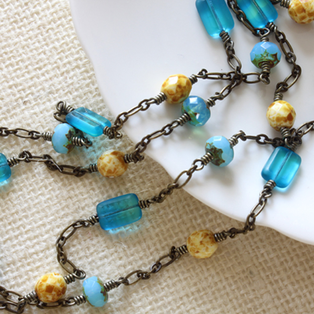 Czech Glass Beads Wire Wrapped Long Necklace