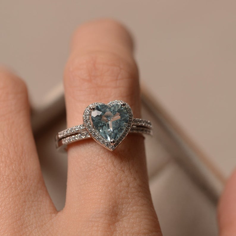 1.39 Ct Heart Natural Aquamarine Diamond Wedding Ring 14K White Gold Size 8