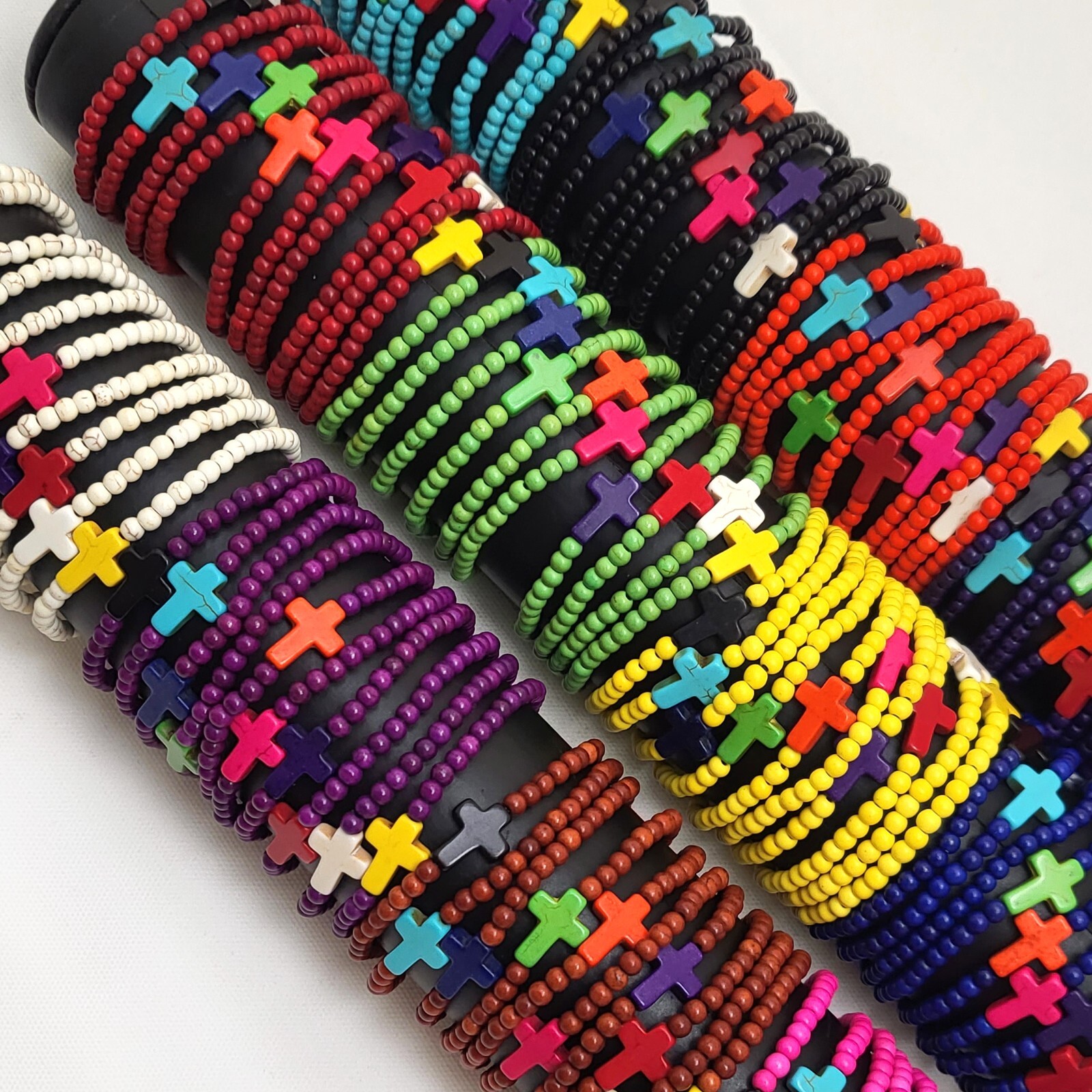 Cross Bracelet Handmade Beaded Howlite Turquoise Bead 7.5″ 4mm Halloween Gift