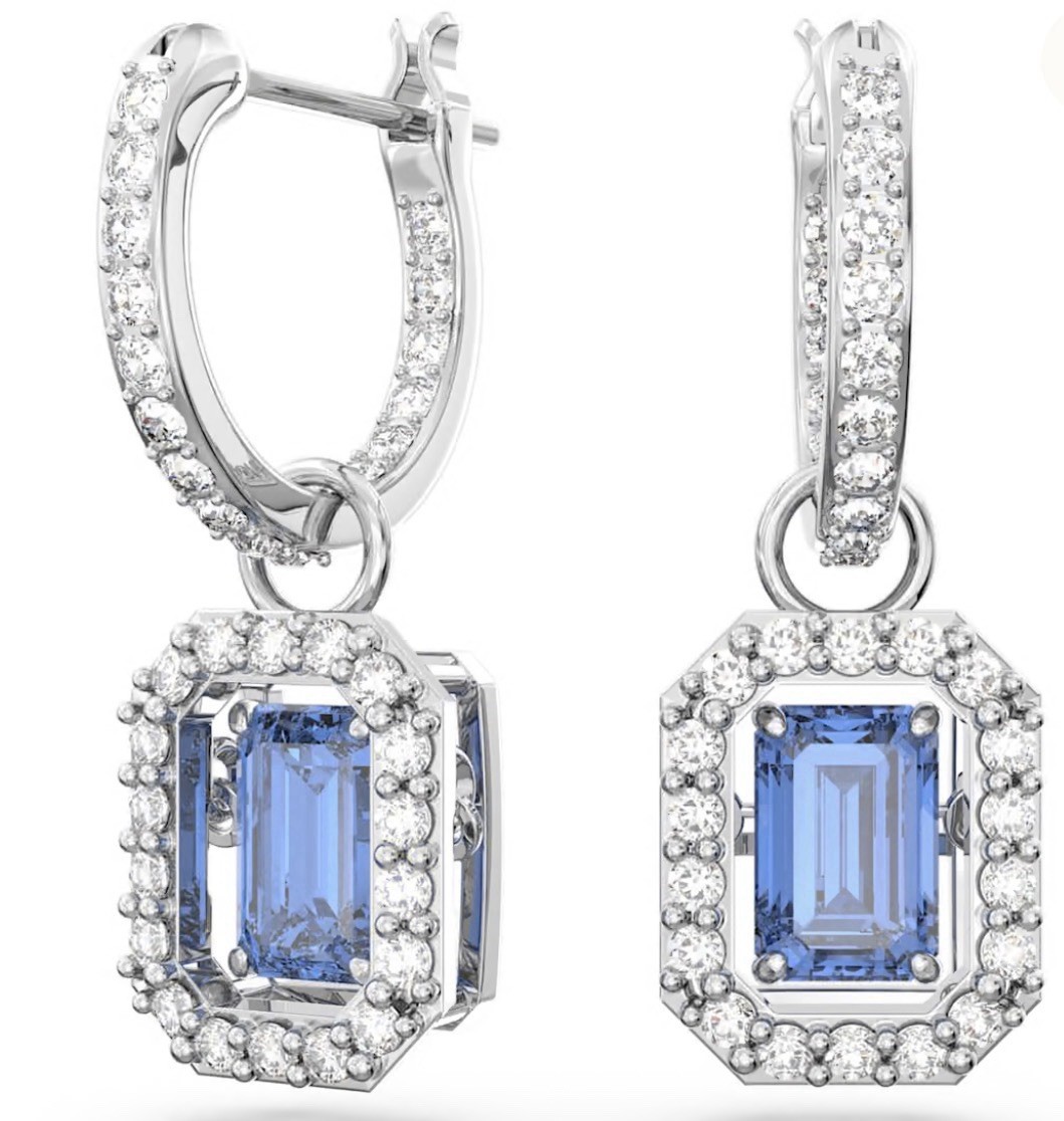 Swarovski Una Drop Earrings Octagon Cut Blue, Rhodium Plated 5619500
