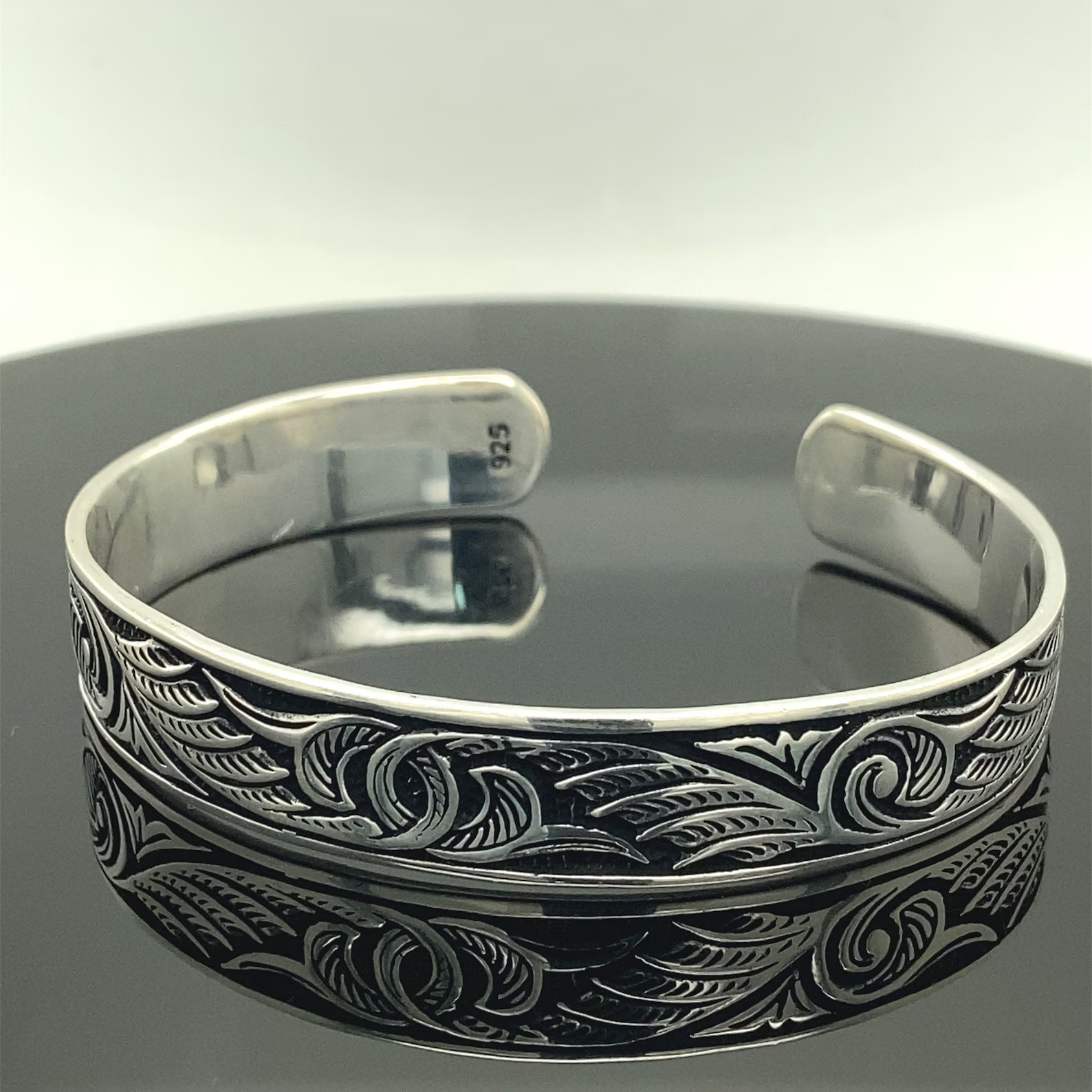 Men Silver Cuff Bracelet Engraved Adjustable Silver Embroidered Bracelet