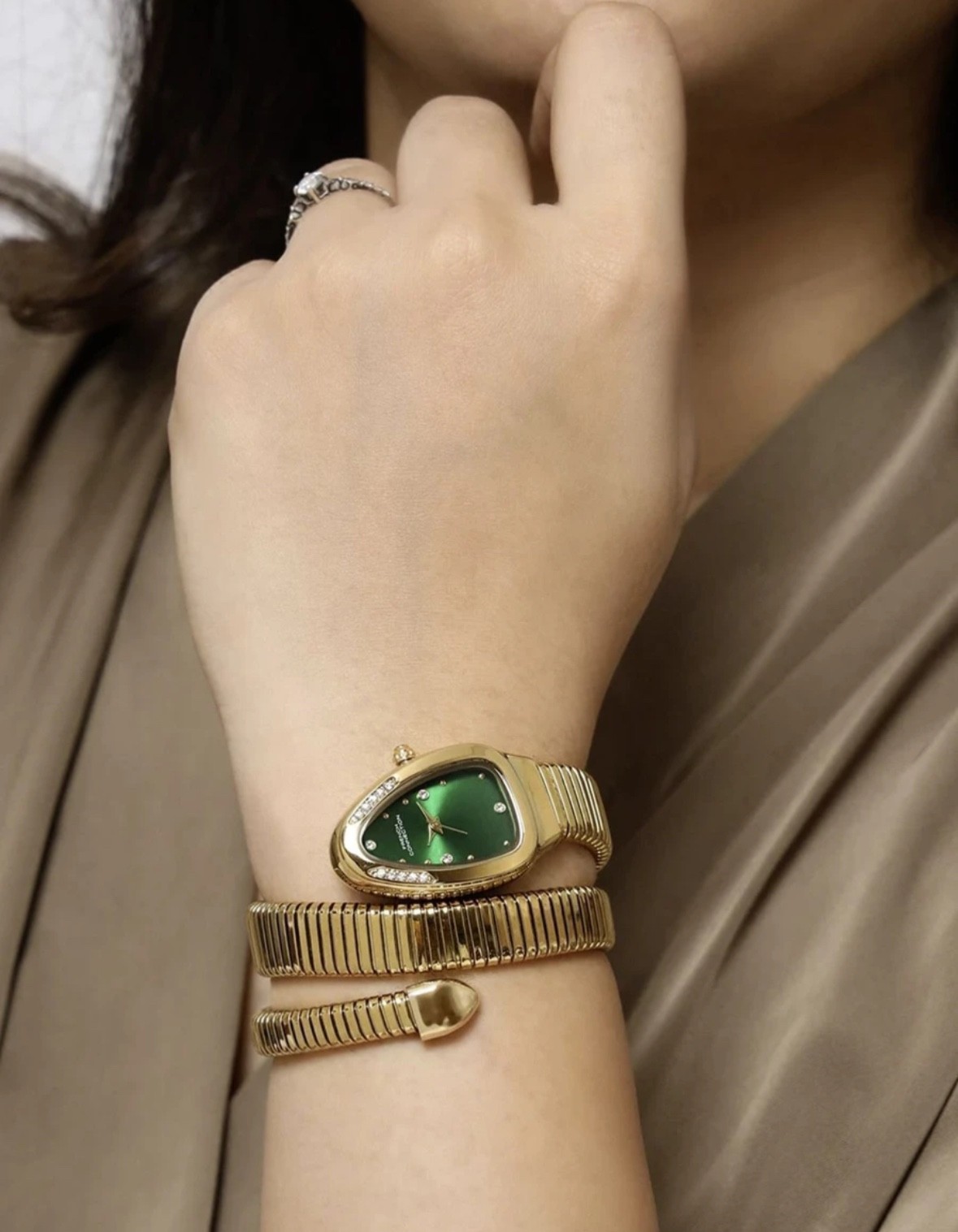 French Connection Women’s Serpent Style Green Dial Gold Tone Quartz Bracelet Wat