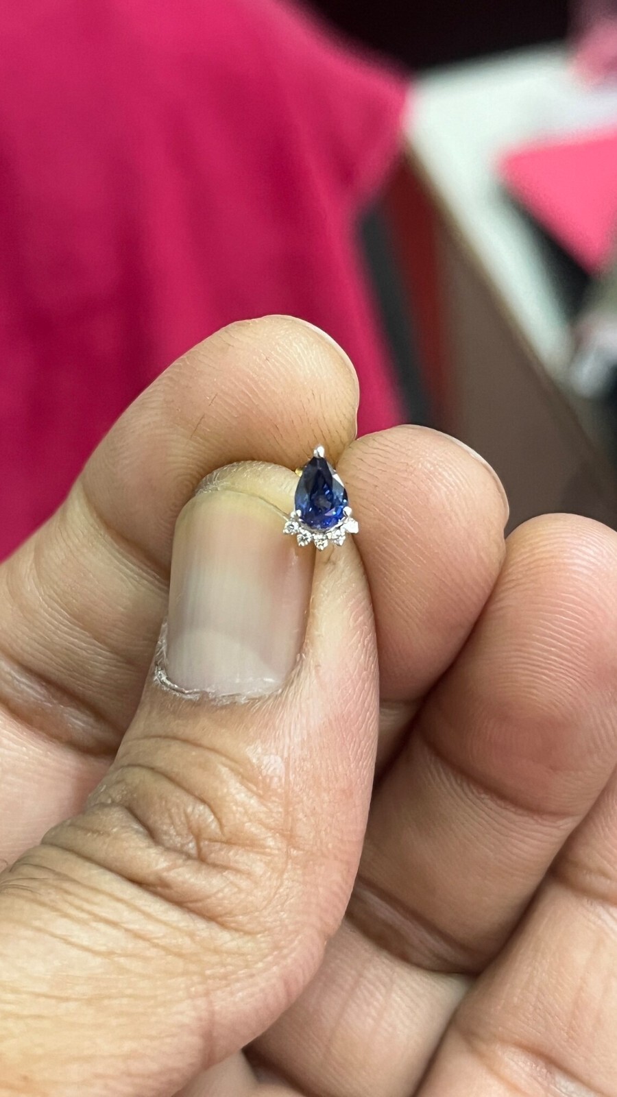 Pear Cut Natural Sapphire & Diamond Solitaire Piercing Stud Pin 14K Yellow Gold