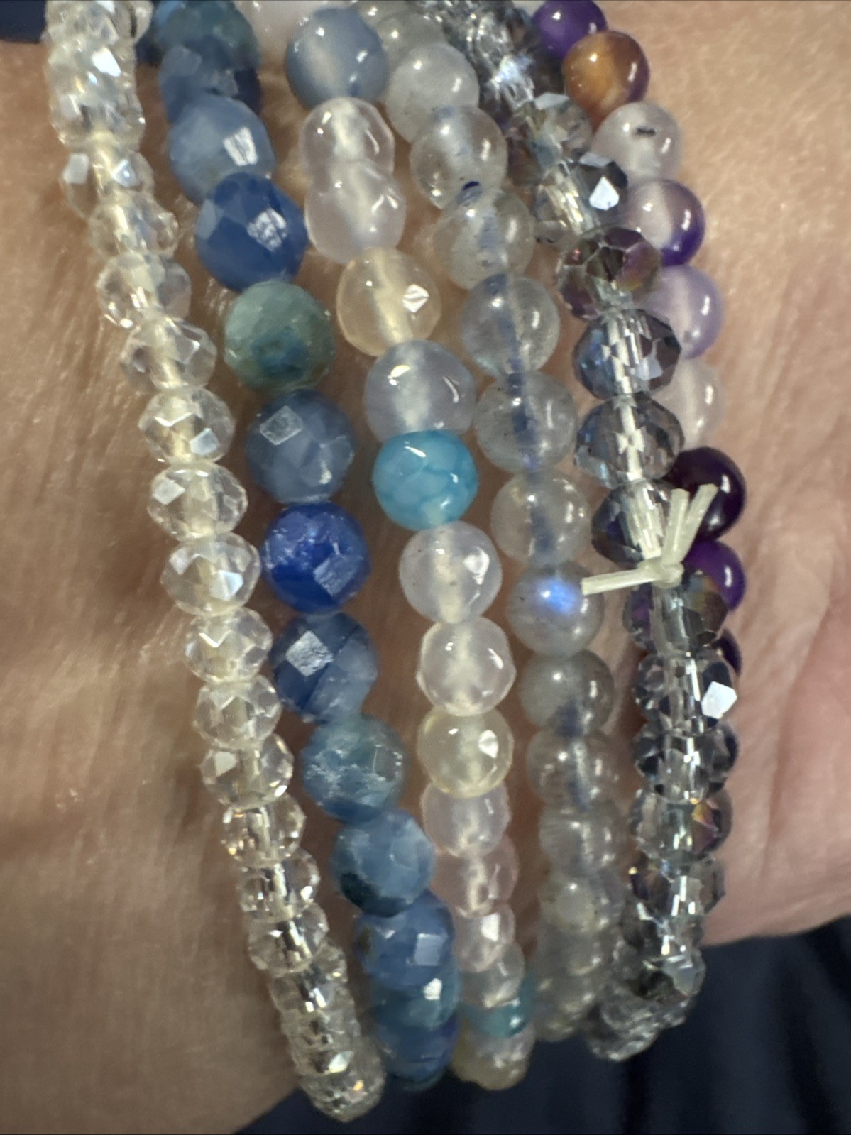 Beaded Gemstone Stretch Bracelets, Set Of 6- Purple And Blue Tone. Approx 2-3mm