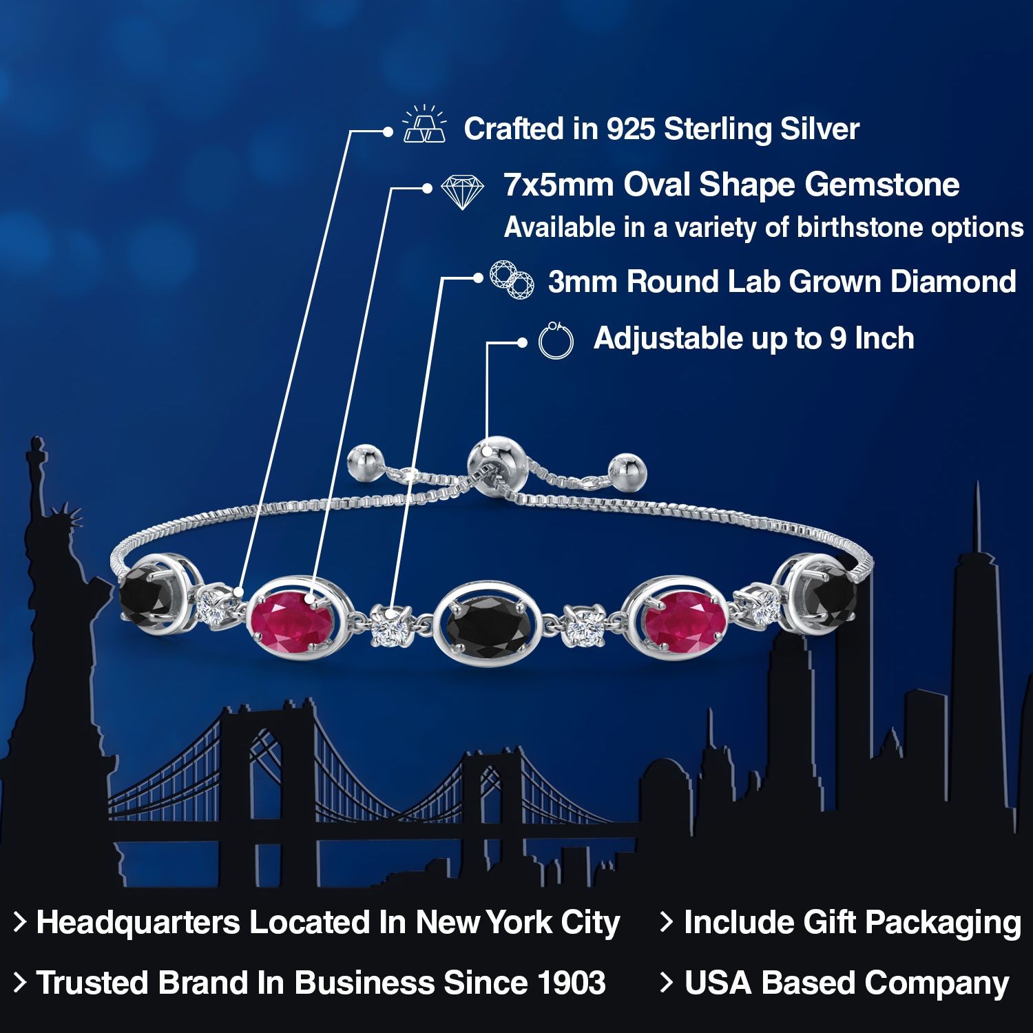 925 Sterling Silver Black Sapphire and Ruby and Lab Grown Diamond Bracelet For