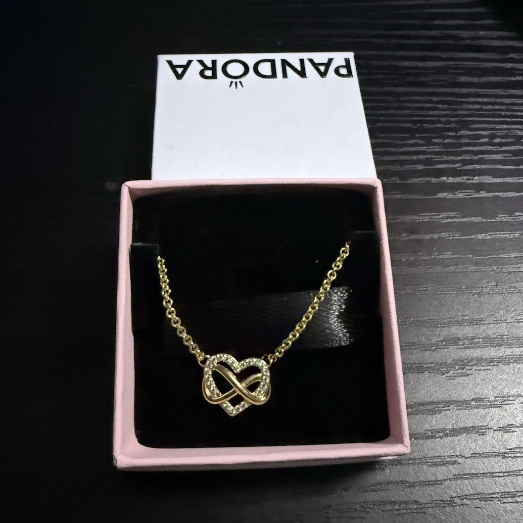 PANDORA Gold Plated Heart Infinity CZ Necklace Adjustable Cable Chain Lobster