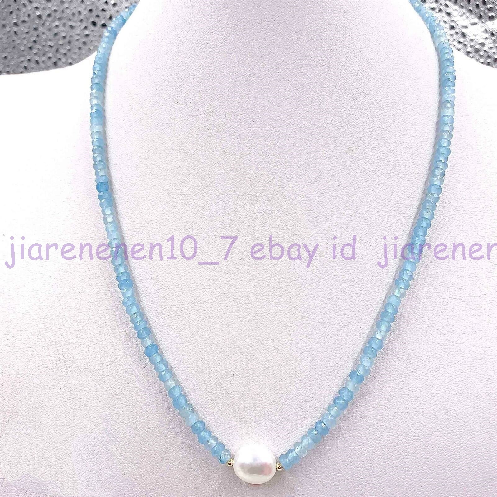 2x4mm Faceted Blue Aquamarine & 11-12mm White Baroque Pearl Necklace 18in Z2114