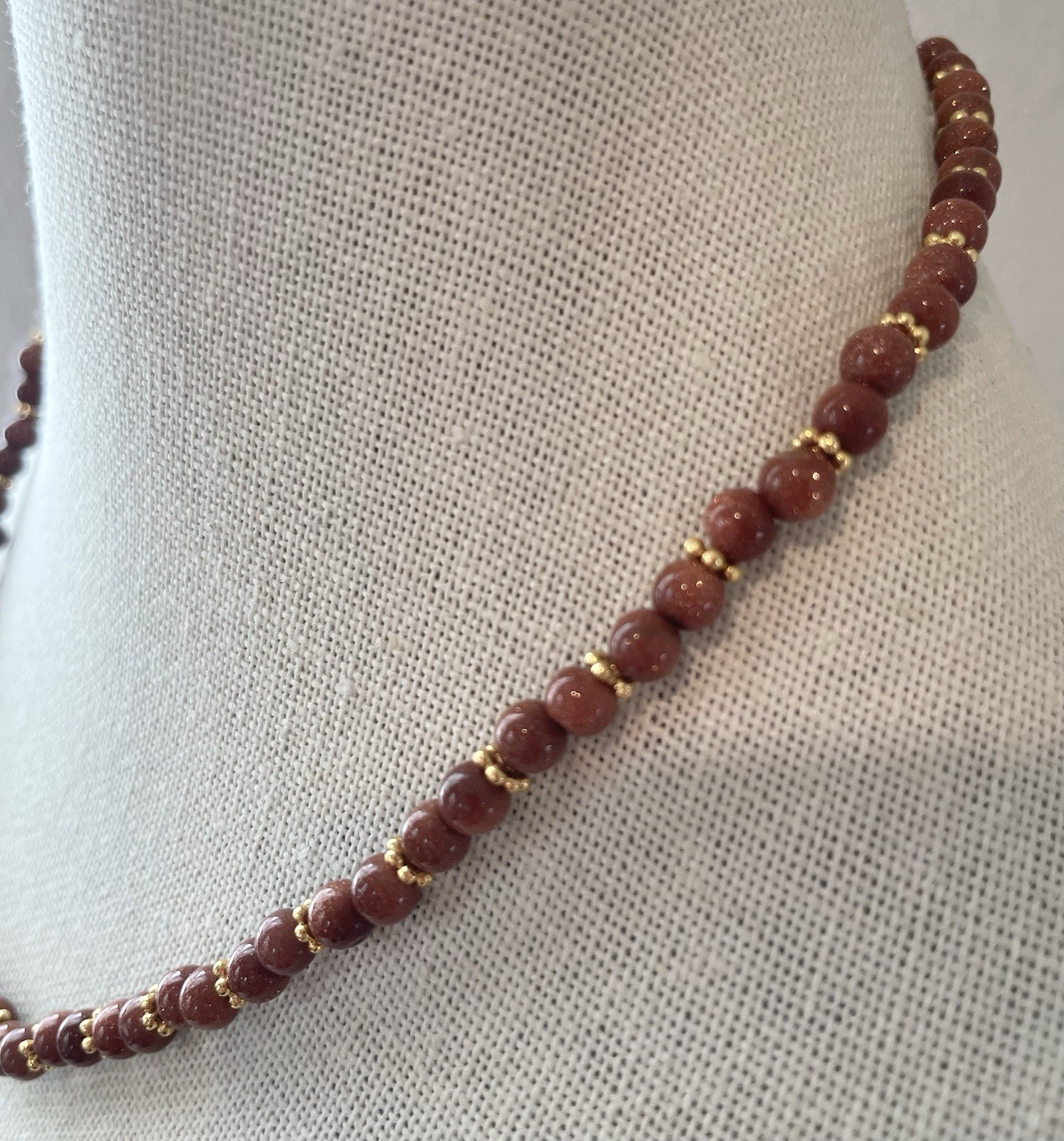 Natural Sandstone (GoldStone) Beaded Gold Tone Necklace Handmade