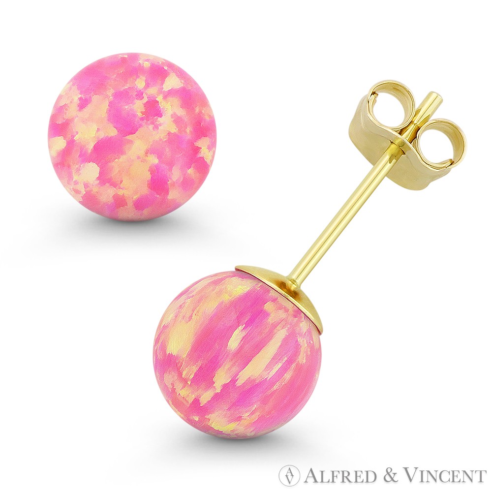 Fiery Royal-Pink Synthetic Opal Ball Pushback Stud Earrings in 14k Yellow Gold