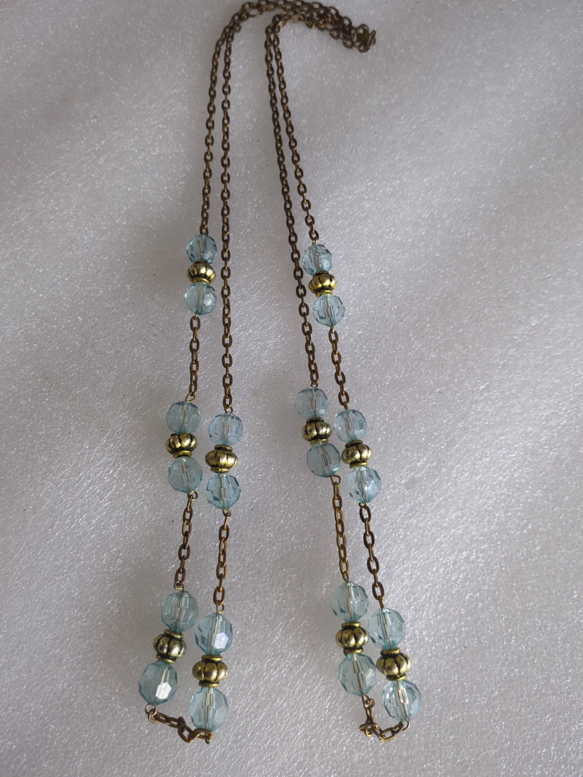 Vintage 2 Strand Necklace with Light Blue Beads And Gold Colored Beads.