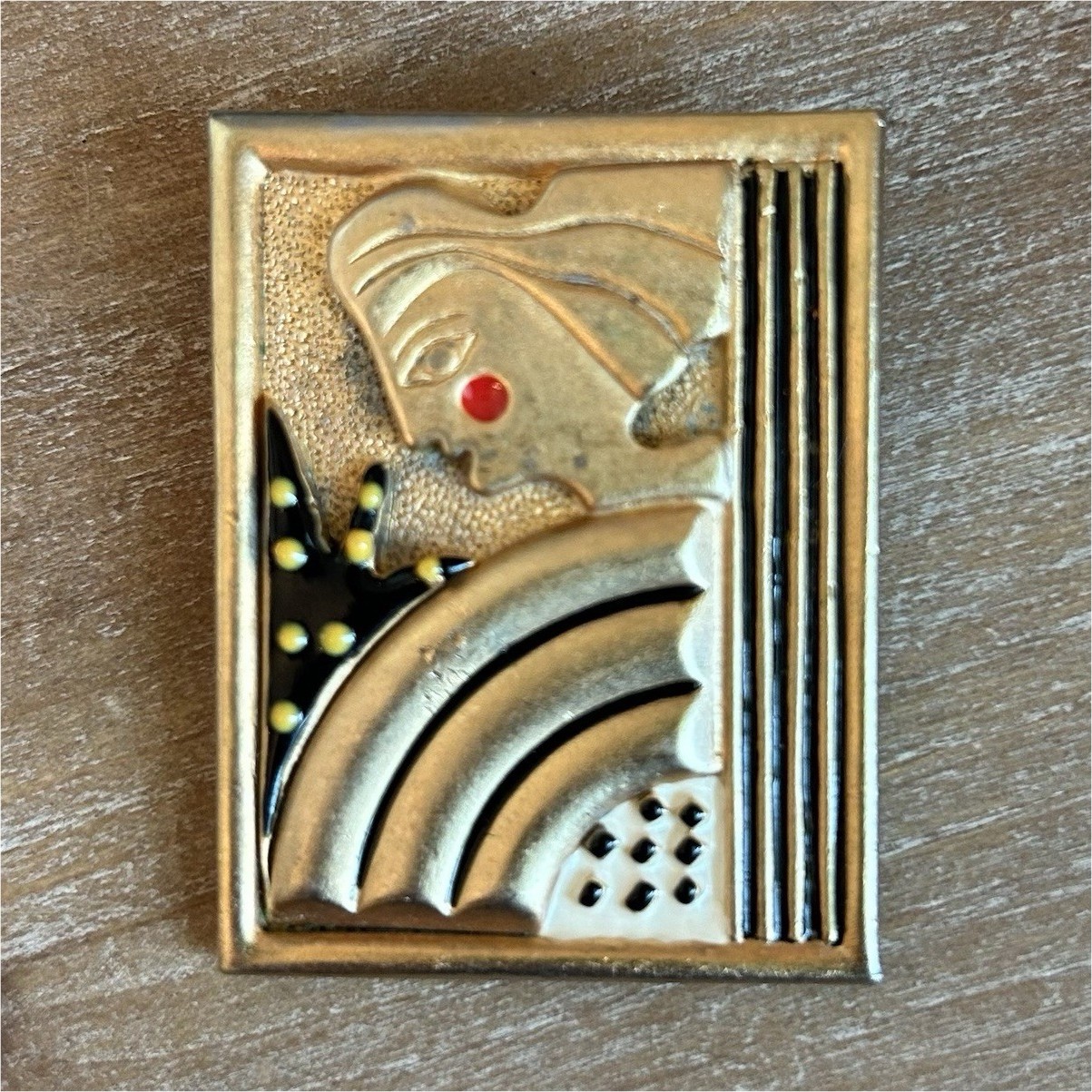 AJC Art Deco Gold Tone Rectangular Brooch Red Black Enamel Accents