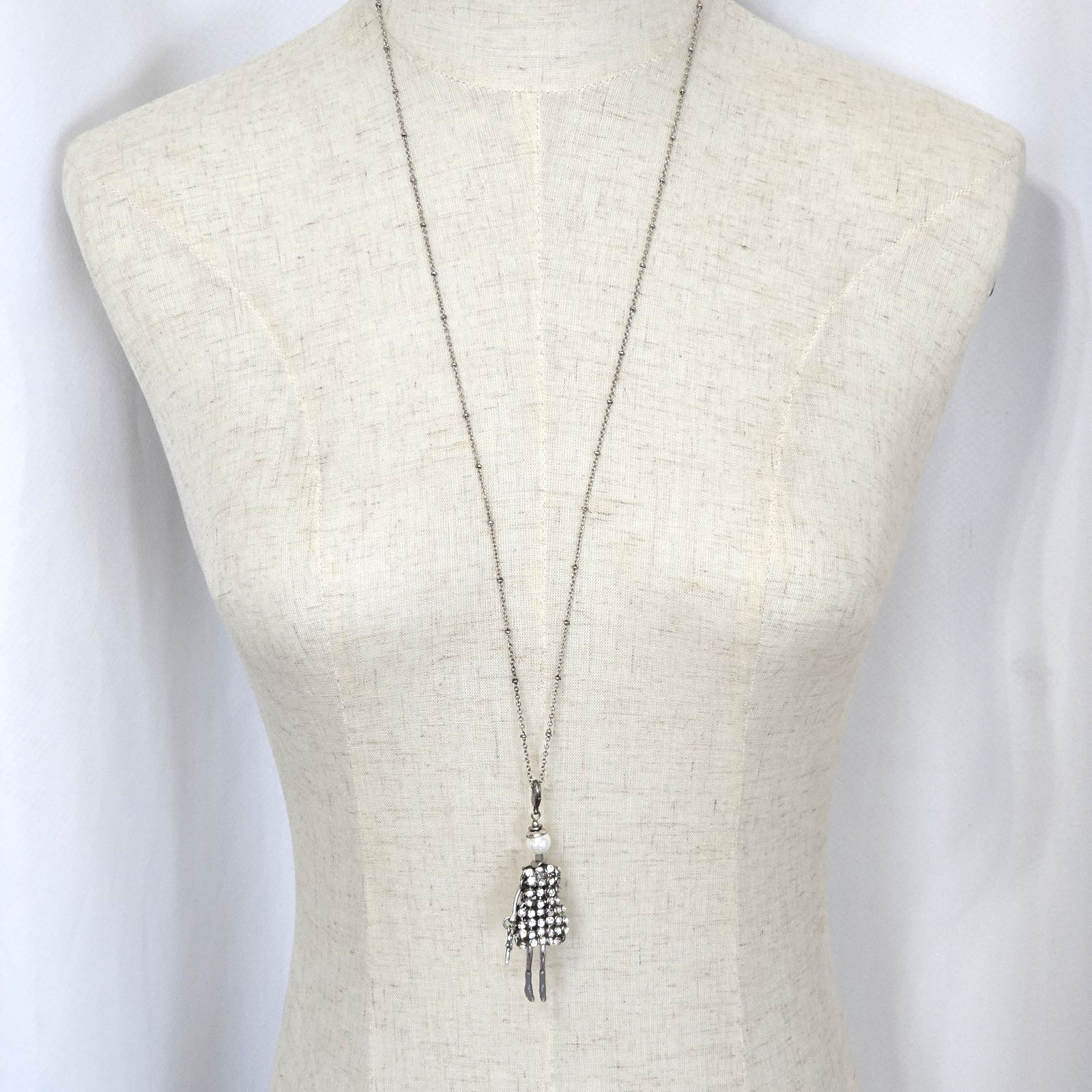 Vtg Couture Paris White Cryatal Mesh Silver Diva Doll Star Pendant Necklace 30″