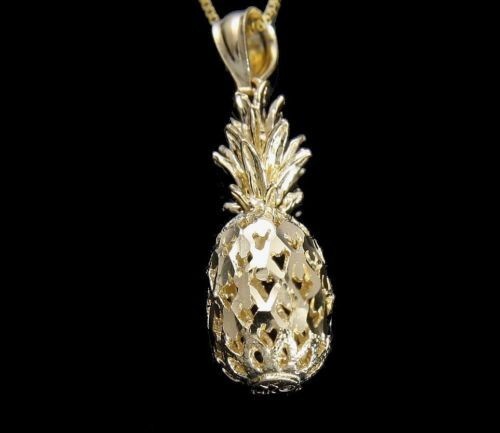 SOLID 14K YELLOW GOLD HAWAIIAN DIAMOND CUT 3D PINEAPPLE CHARM PENDANT 9.2MM