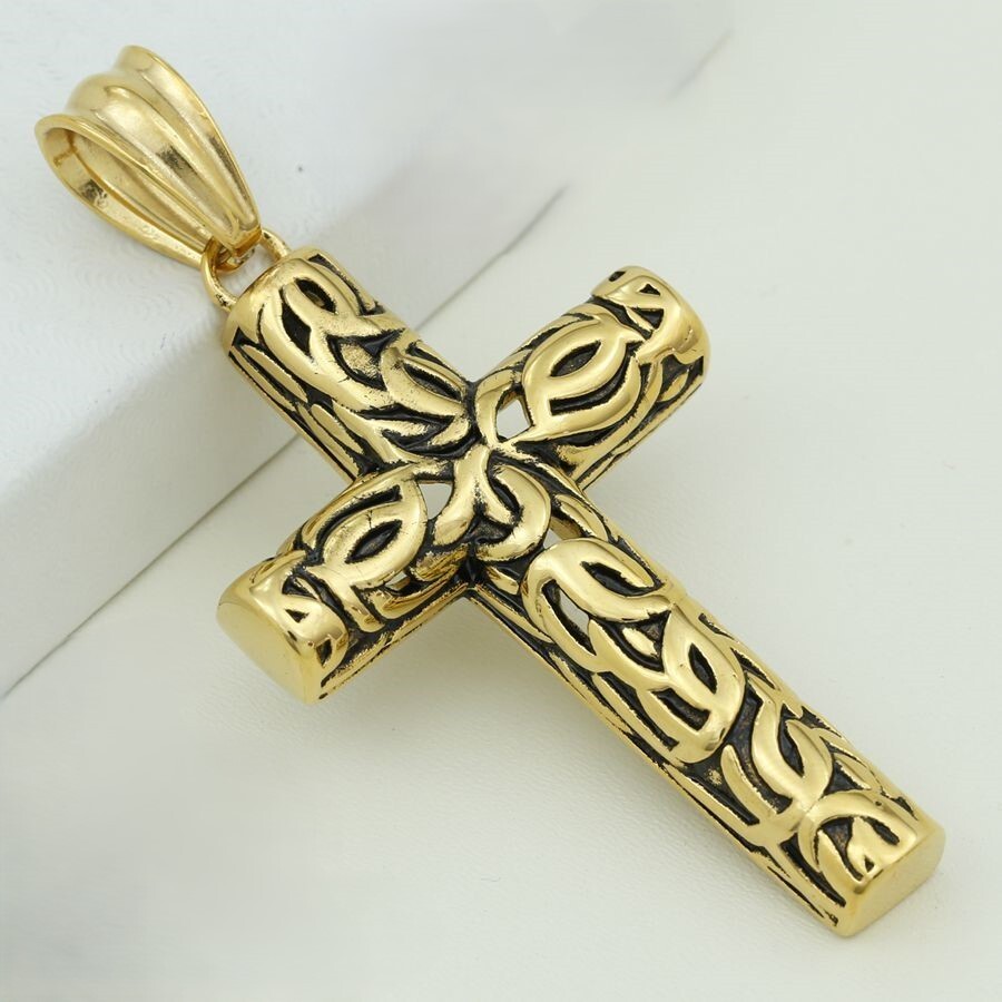 Men Stainless Steel Cross 2.8in Pendant,24″ Cuban Curb Chain Gold plated Box