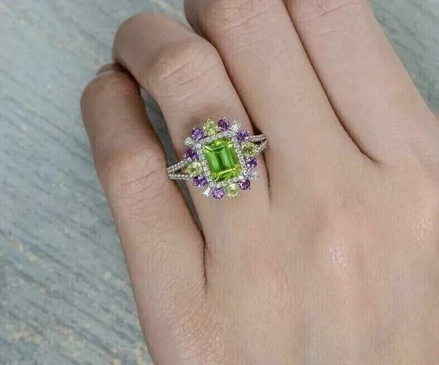 Lab Created Peridot 3.00Ct Emerald Cut Halo Wedding Ring 14k White Gold Plated