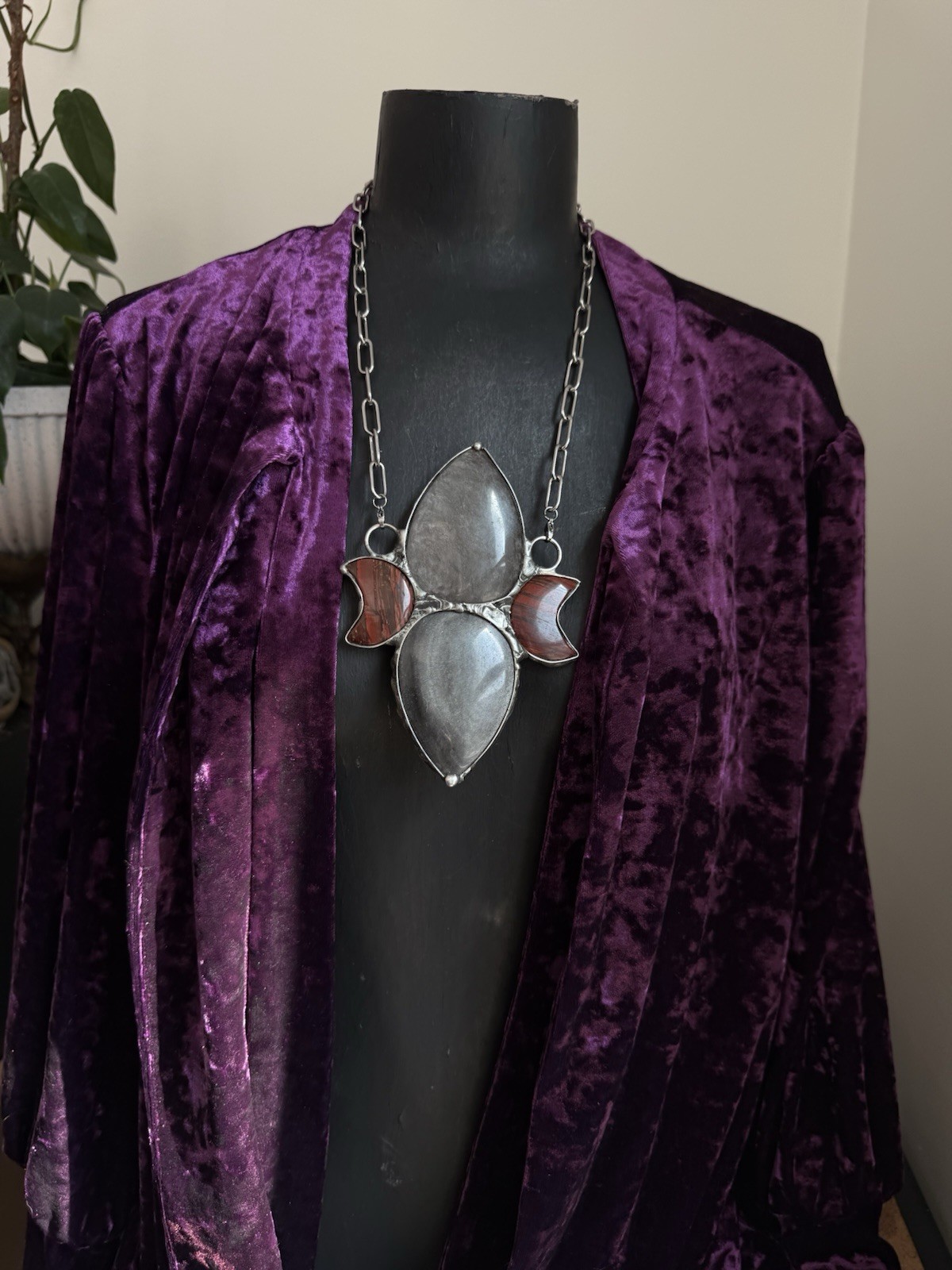 Obsidian Jasper Crystal statement necklace pendant chunky jewelry southern goth