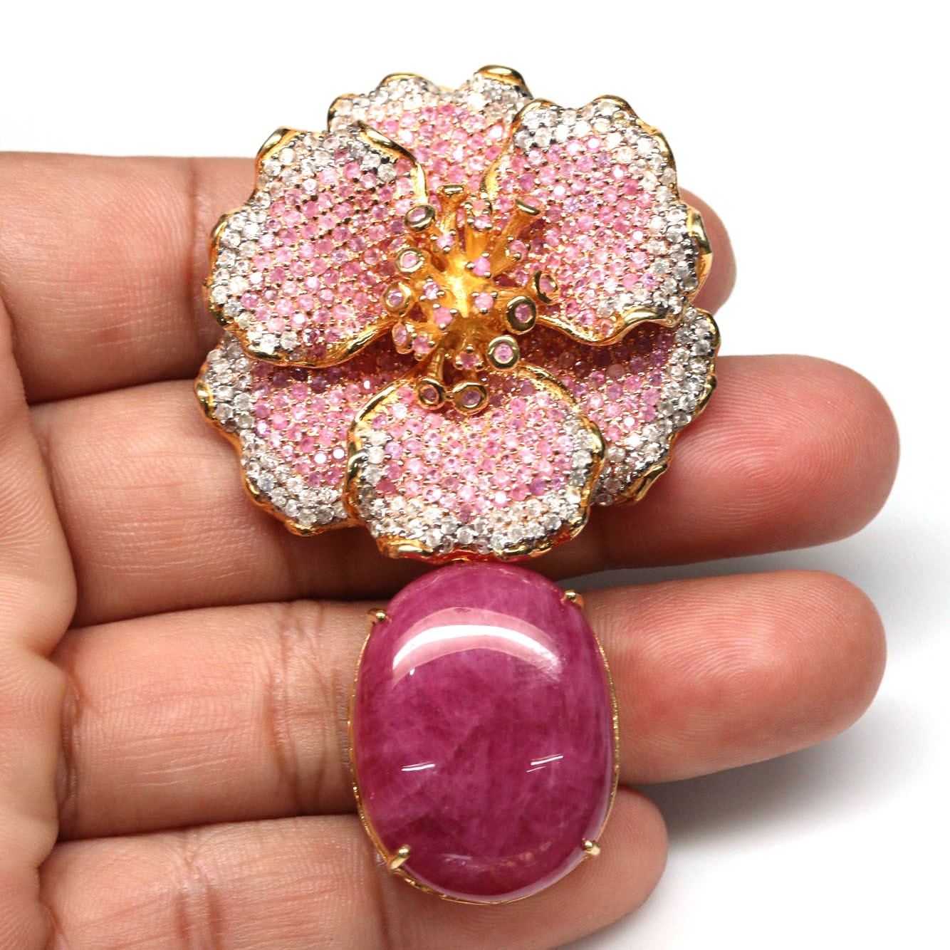 925 Sterling Silver 21 x 28 mm. Red Ruby, Sapphire & Zircon Brooch/Pendant