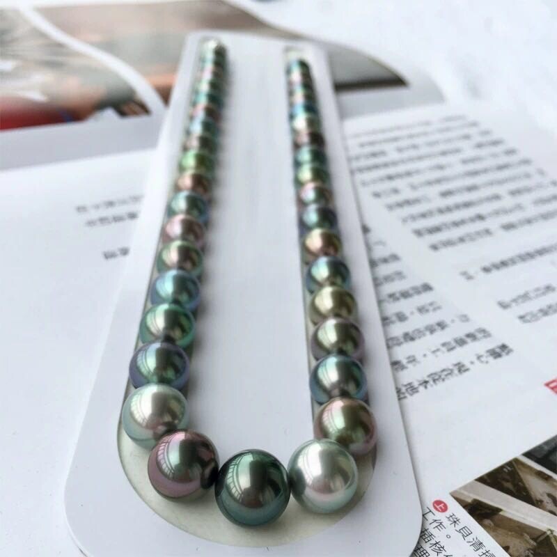 Rare Multi-gray Peacock black Tahitian Pearl 10-11.6mm Top Quality Necklace 43cm