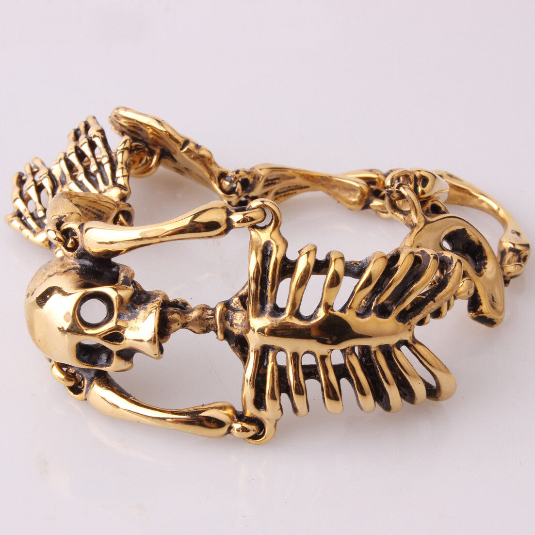 Silver/Gold/Black Gothic Stainless Steel Skeleton Skull Bracelet For Men 8.26in