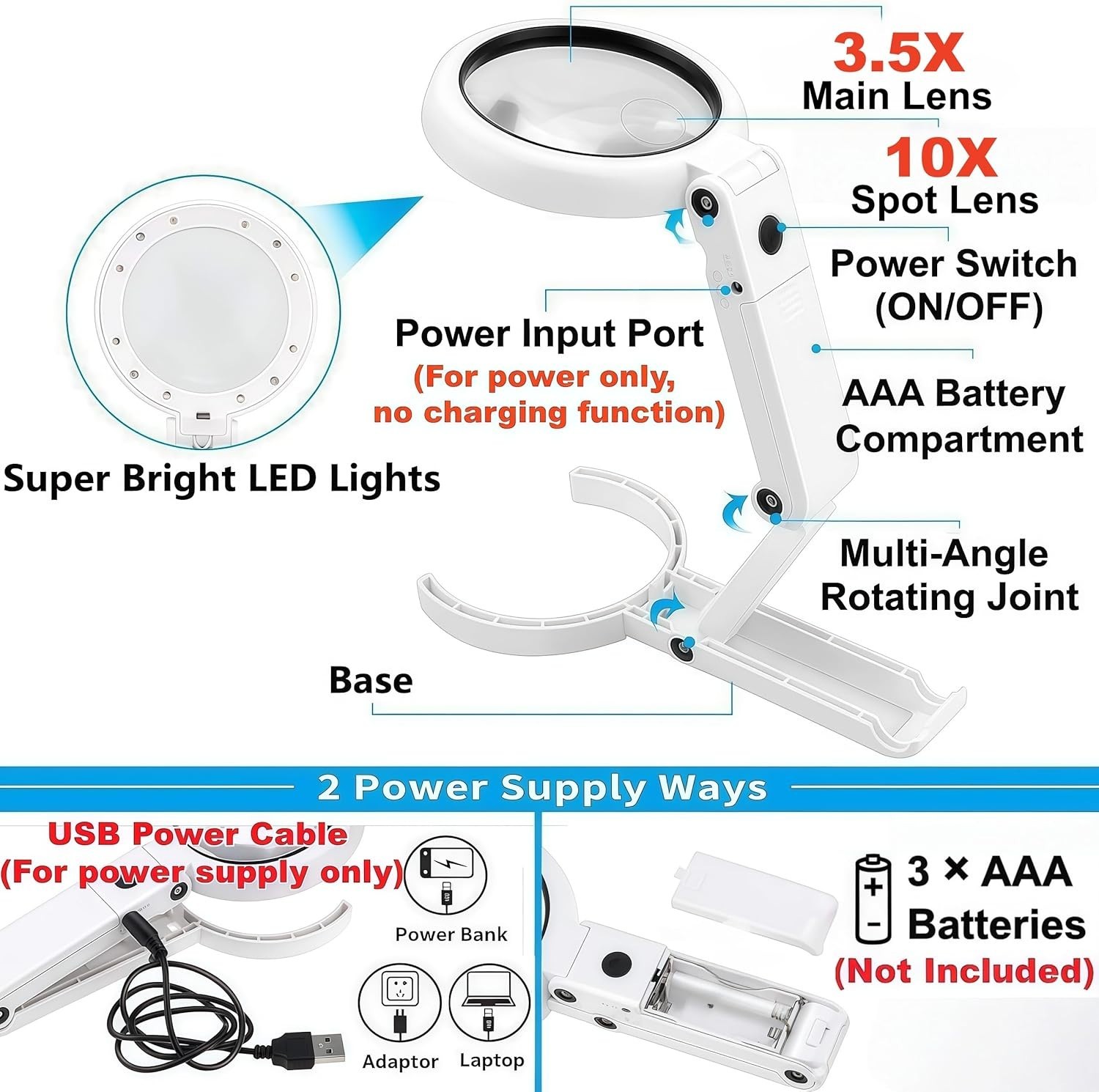 Magnifying Glass with Light and Stand, 3.55 Inch Large Lens with Lightweight Fo