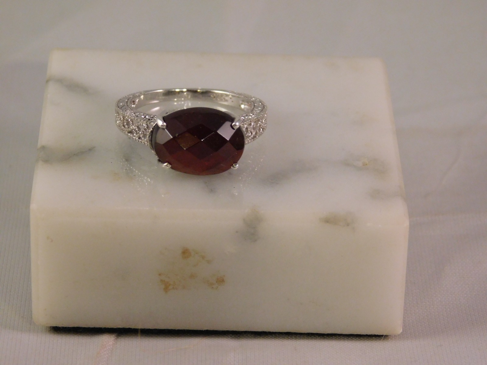 6.80 Ct. Oval Red Rosecut Garnet Ring 1920’s Style Sterling Silver Filigree
