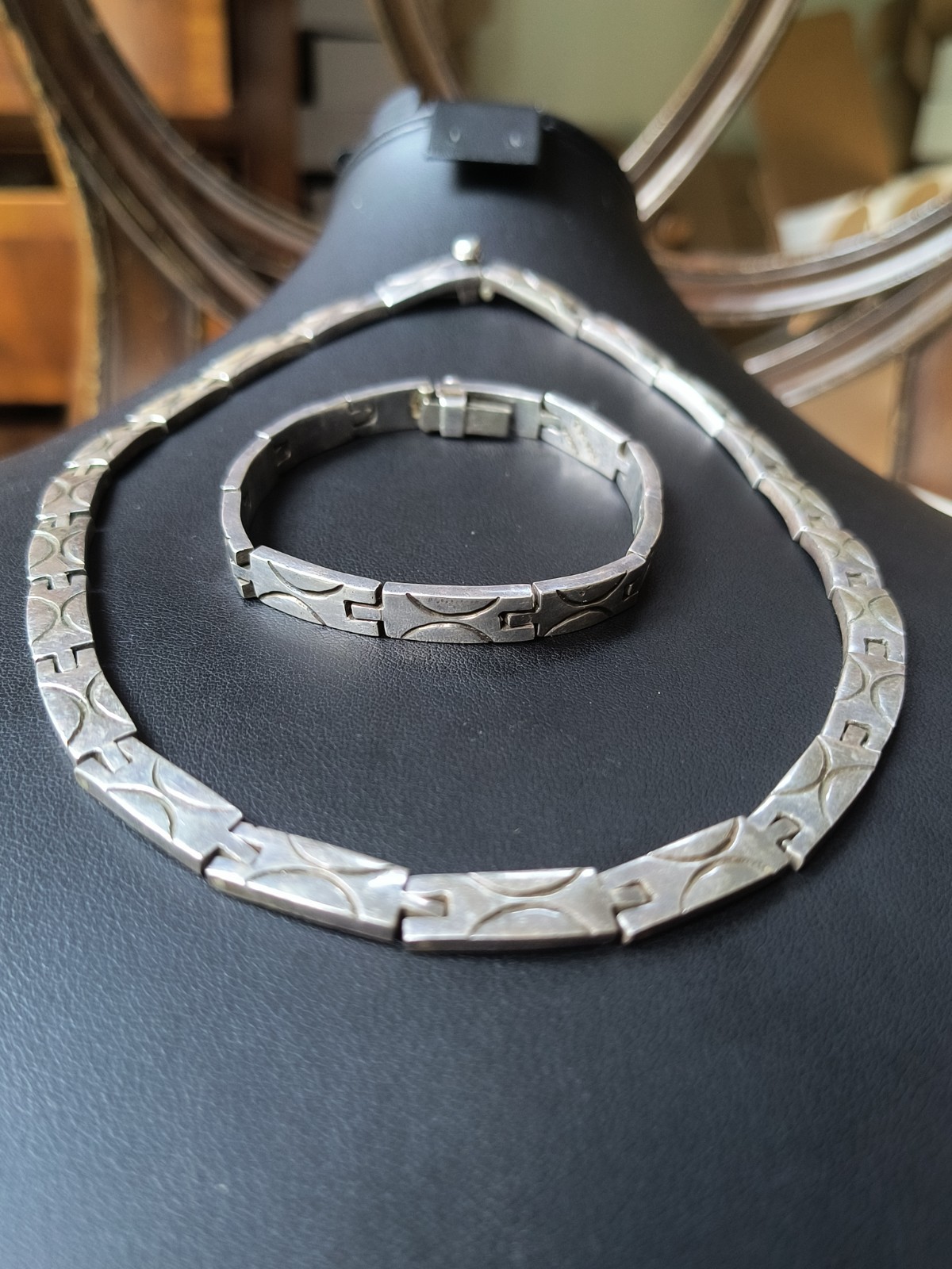 VTG Sterling Silver 925 Matching Panel Necklace and Bracelet TAXCO Mexico 114g