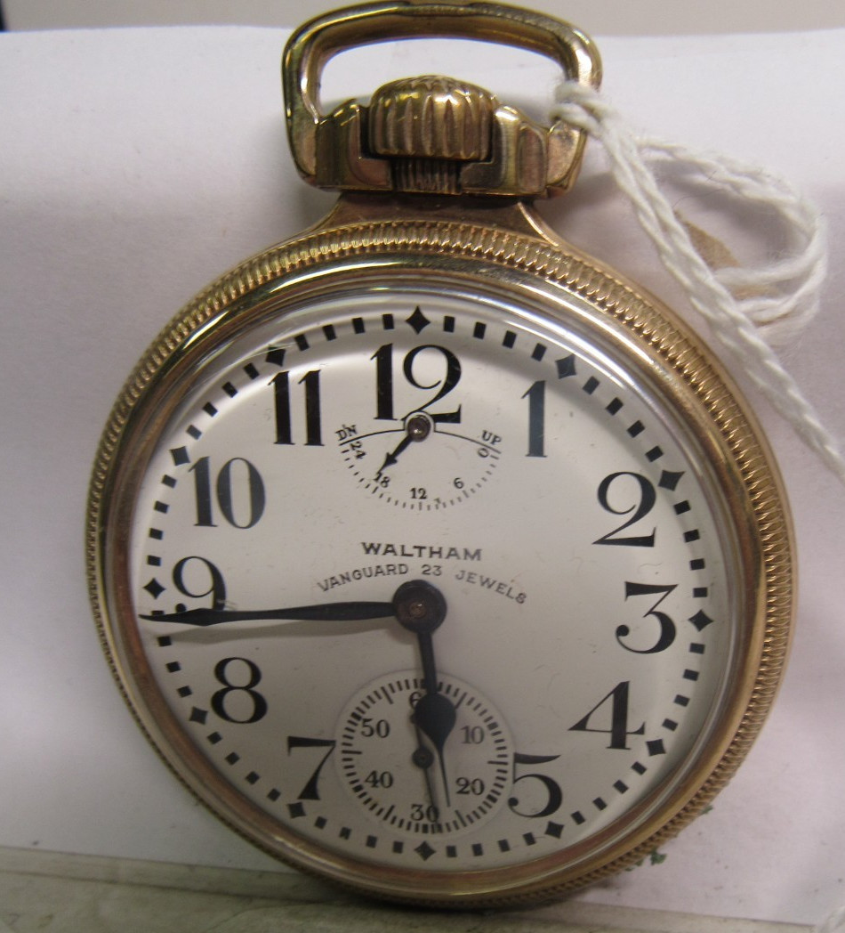 ANTIQUE VANGUARD WALTHAM POCKET WATCH WIND INDICATOR 23 JEWELS RAILROAD 1OK GF *