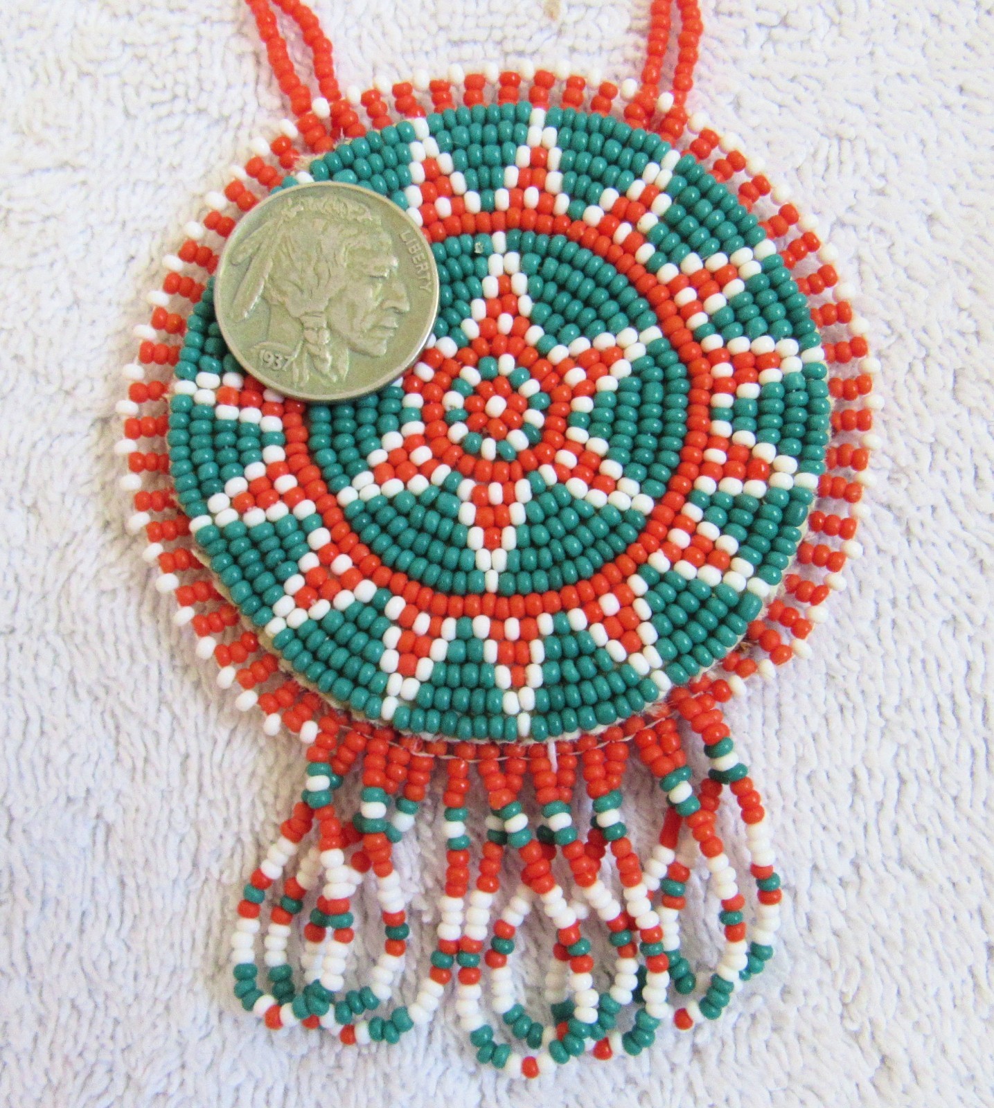 Vintage Sioux Indian Bead Beaded Beadwork Medallion Design Pendant & Necklace