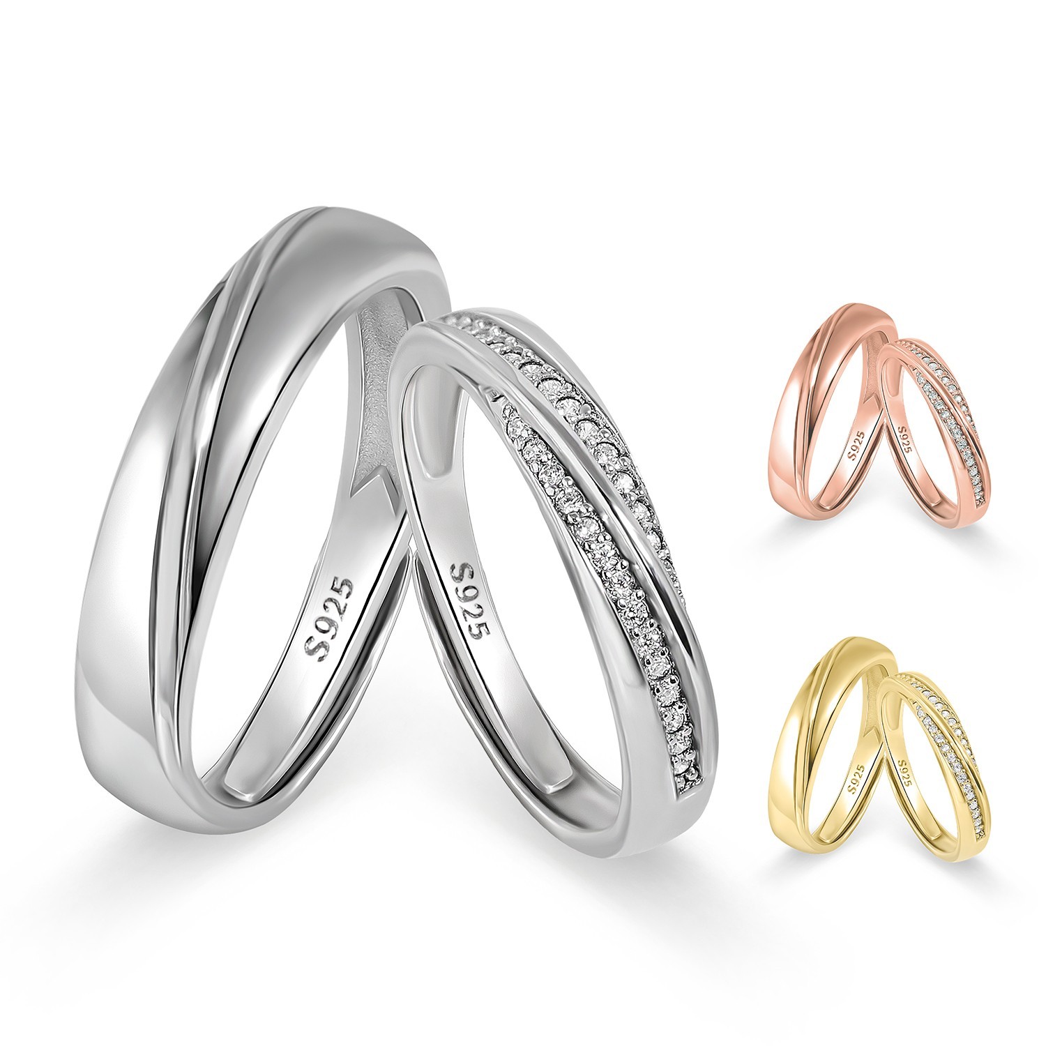 Meissa 2Pcs Couple Rings 925 Sterling Silver Wedding Bands Adjustable Promise
