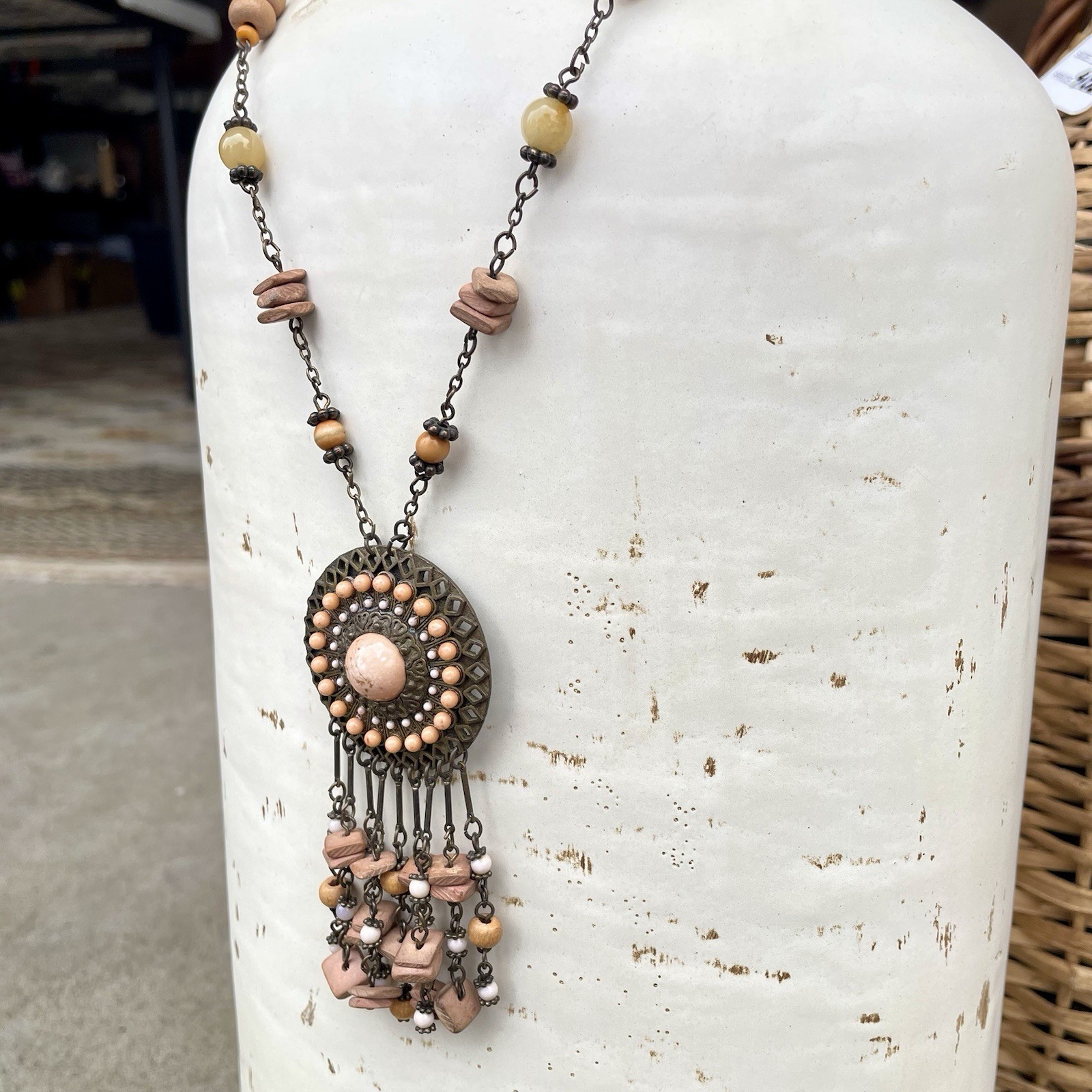 VTG VCLM Signed Boho Statement Medallion Necklace Peach Wood Bead Fringe Fringe