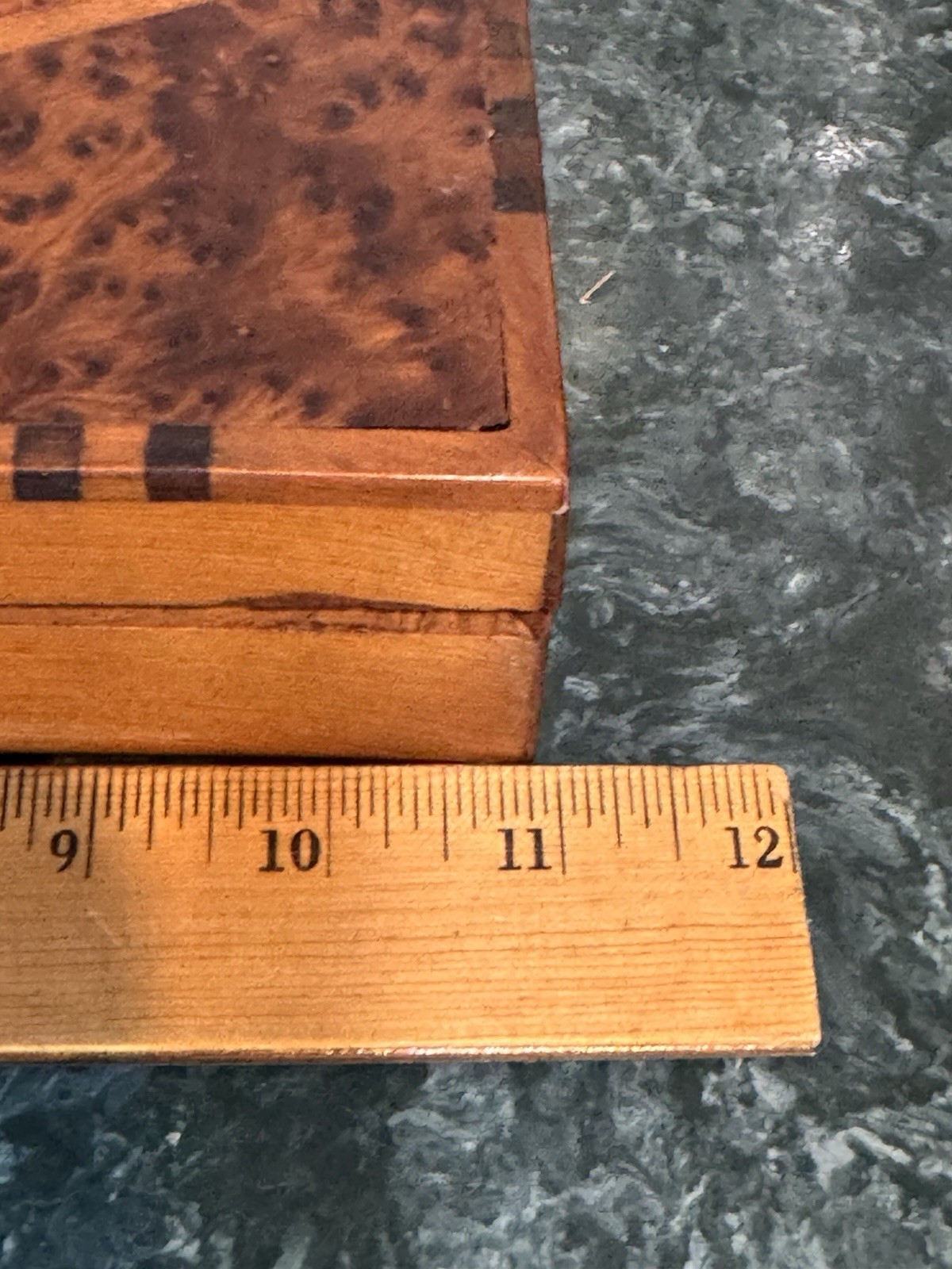 Burl Wood Marquetry Box Valet Jewelry Box MCM Hand Crafted Lined 11 x 5.5 in