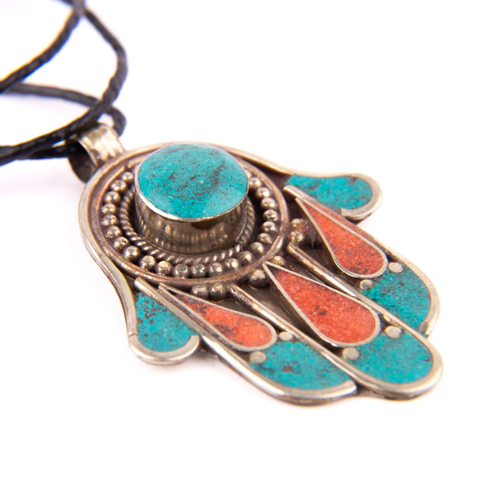 Tibetan Pendant, Hand of Fatima Pendant, Turquoise Stone Amulet, Coral & Lapis