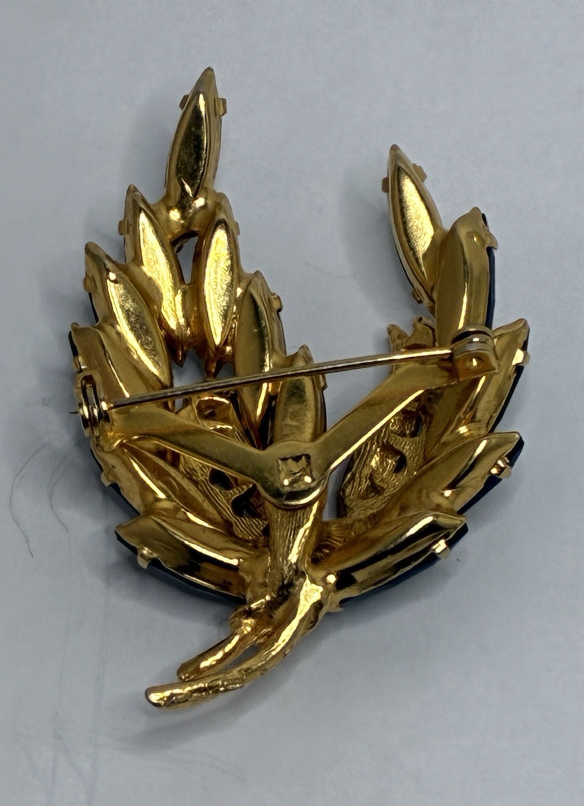 Black Ice Navette Rhinestone Flower Spray Gold Enamel 2” Brooch