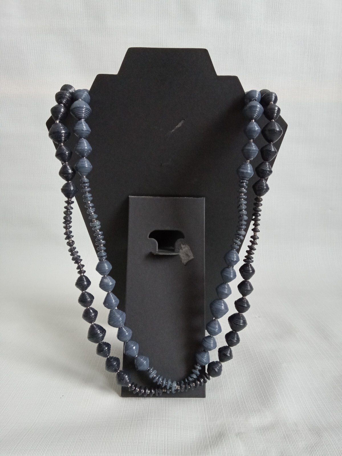 Shades of Blue Lightweight Ribbed Paper Beads Long Length Single Strand Necklace