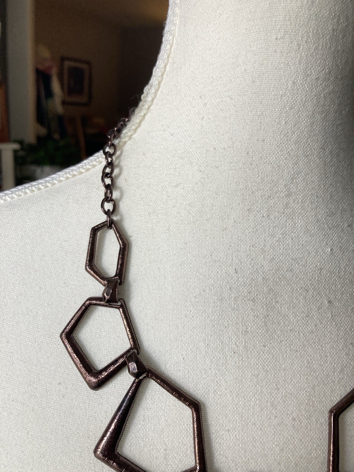 Bronze Tone Geometric Bib Necklace Open Pentagon Modernist Statement Abstract