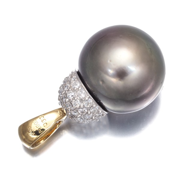 Black South Sea Pearl 14.2mm Diamond 0.60ct Paved Pendant 18K YG/Pt 900