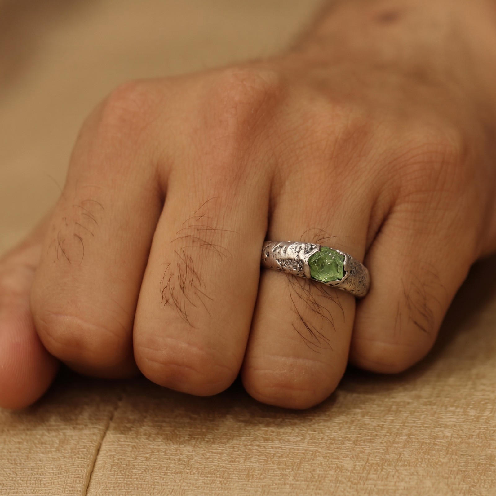 Raw Peridot Vintage Signet Mens Ring, 925 Sterling Silver Handmade Artisan Ring