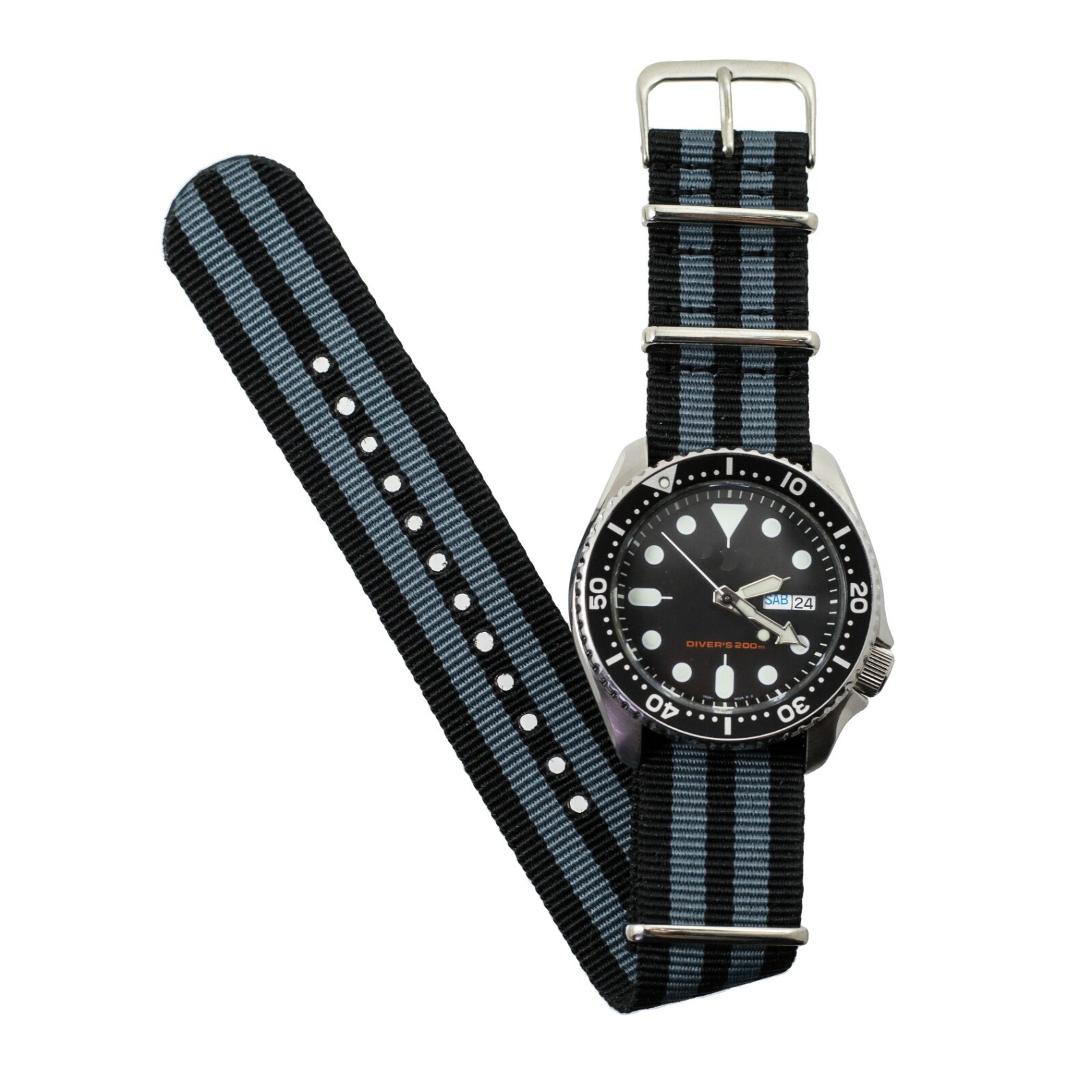 Black / Grey Striped Ballistic Nylon One-Piece Watch Band – 18, 20, 22 or 24mm