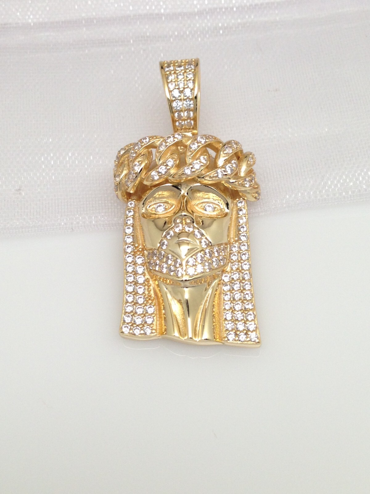 925 Sterling Silver Gold Jesus Head Face CZ Pendant Men 25mm(0.98″)/37mm(1.46″)