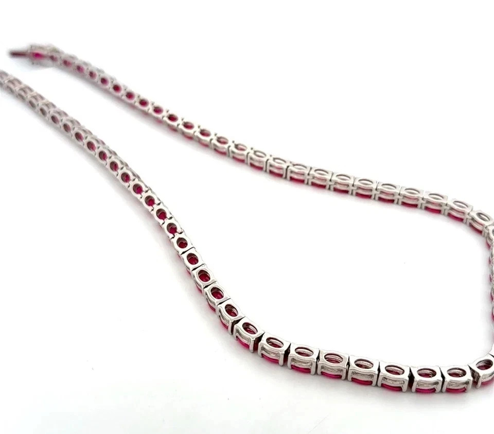 20TCW Oval Cut Lab Created Pink Ruby Tennis Necklace 14k White Gold Plated